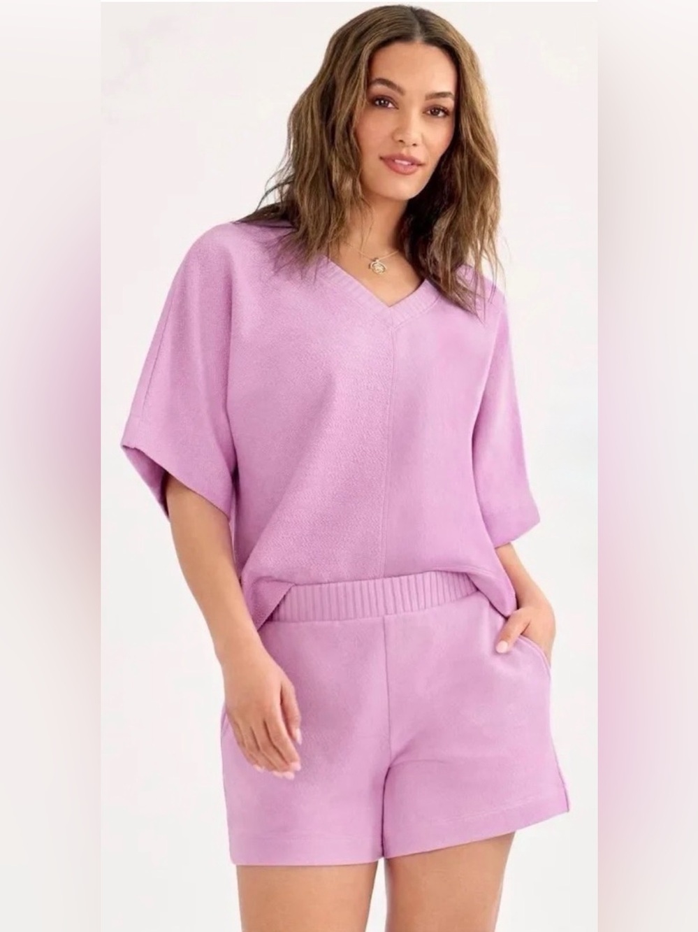 CAbi Breezy Sweater and Skipper Short Set in Orchid